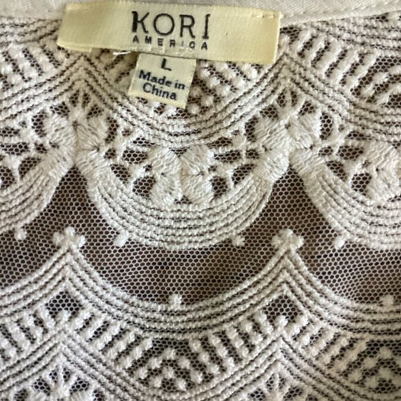 KORI America Gauze and Lace BOHO Cream Shift Dress Tassel Tie Sz L 148F - Picture 8 of 9